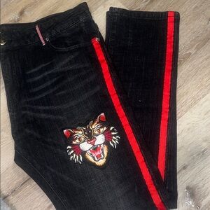 Gucci Black Jeans with Red Stripe and Embroidered Tiger